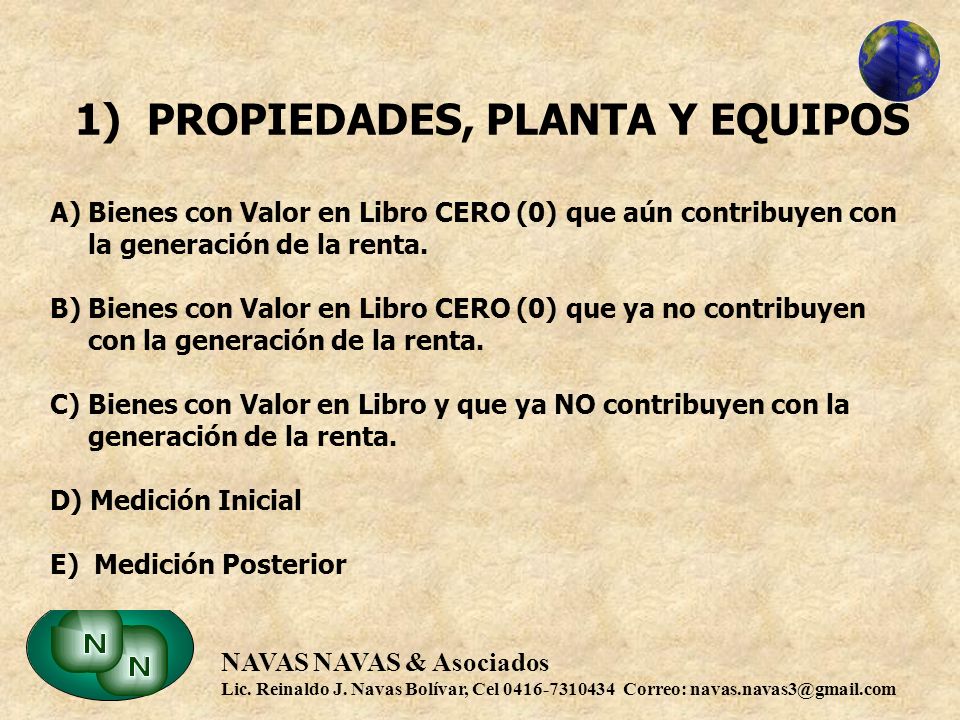 1) PROPIEDADES, PLANTA Y EQUIPOS A) Bienes con Valor en Libro CERO (0) que aún contribuyen con la generación de la renta.