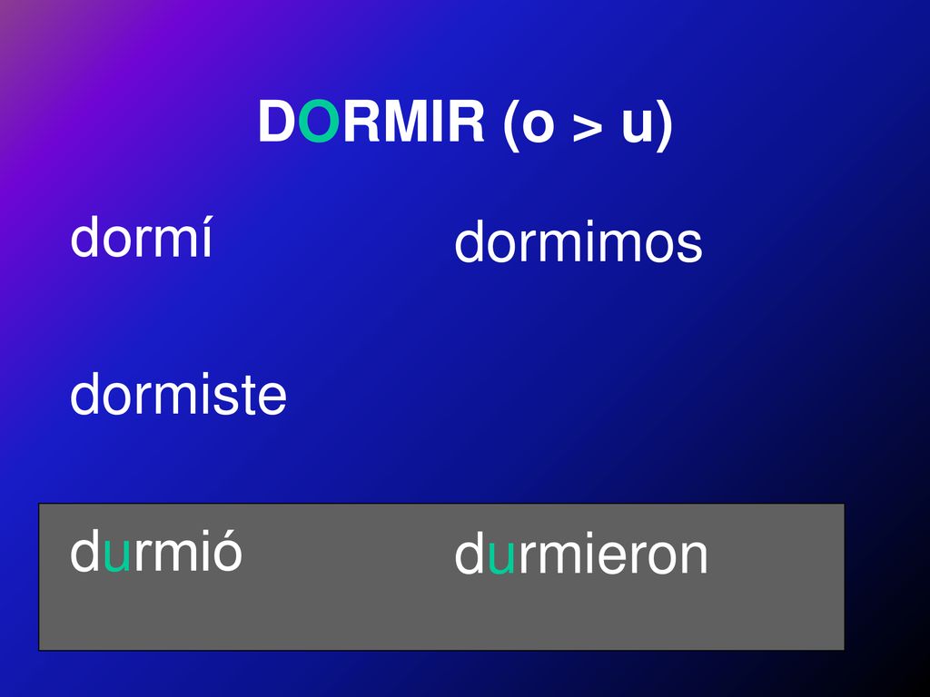 DORMIR (o > u) dormí dormiste durmió dormimos durmieron