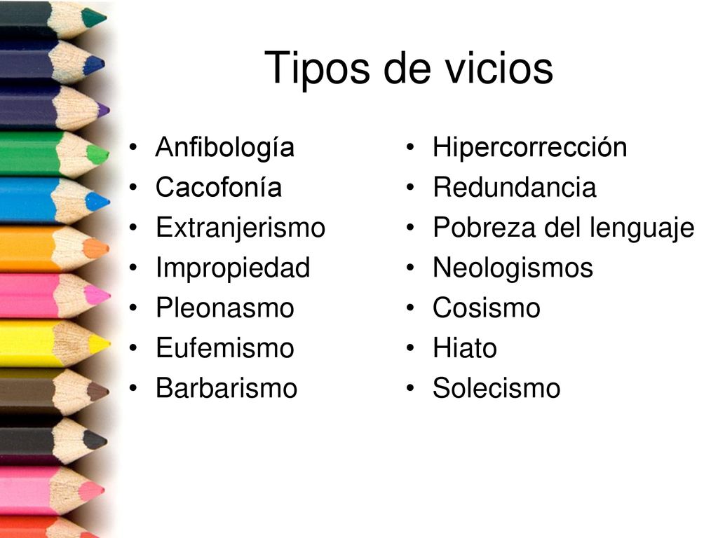 Tipos de vicios Anfibología Cacofonía Extranjerismo Impropiedad