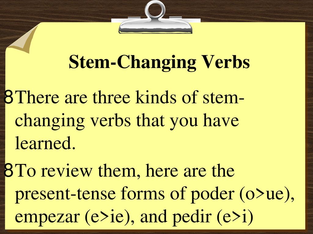 Stem-Changing Verbs There are three kinds of stem-changing verbs that you have learned.