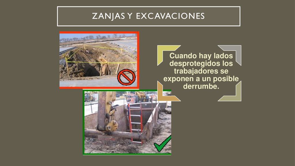 Zanjas y Excavaciones Cuando hay lados desprotegidos los trabajadores se exponen a un posible derrumbe.
