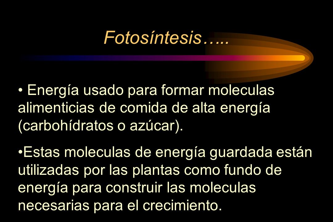 Fotosíntesis….. Energía usado para formar moleculas alimenticias de comida de alta energía (carbohídratos o azúcar).