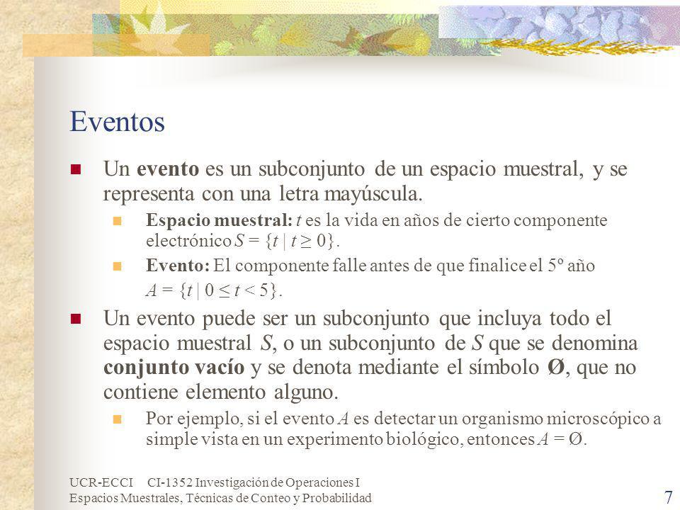 Eventos Un evento es un subconjunto de un espacio muestral, y se representa con una letra mayúscula.