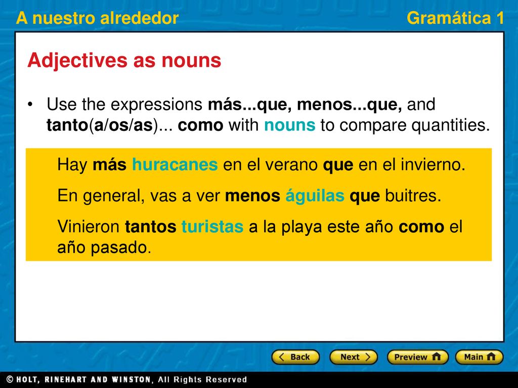 Adjectives as nouns Use the expressions más...que, menos...que, and tanto(a/os/as)... como with nouns to compare quantities.