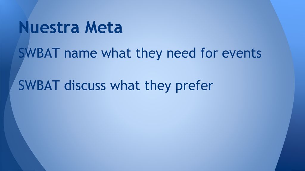 Nuestra Meta SWBAT name what they need for events