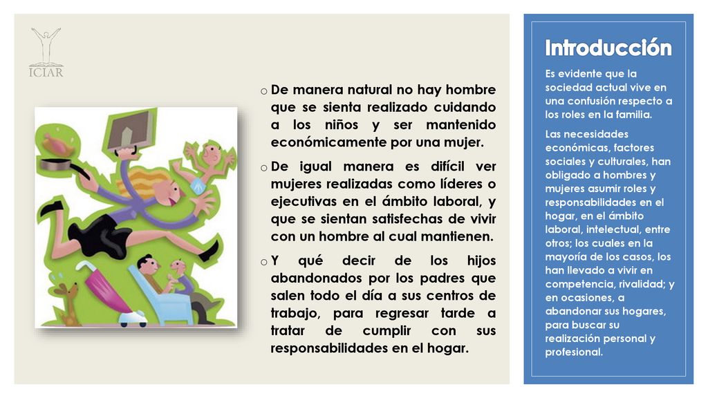 Introducción Es evidente que la sociedad actual vive en una confusión respecto a los roles en la familia.
