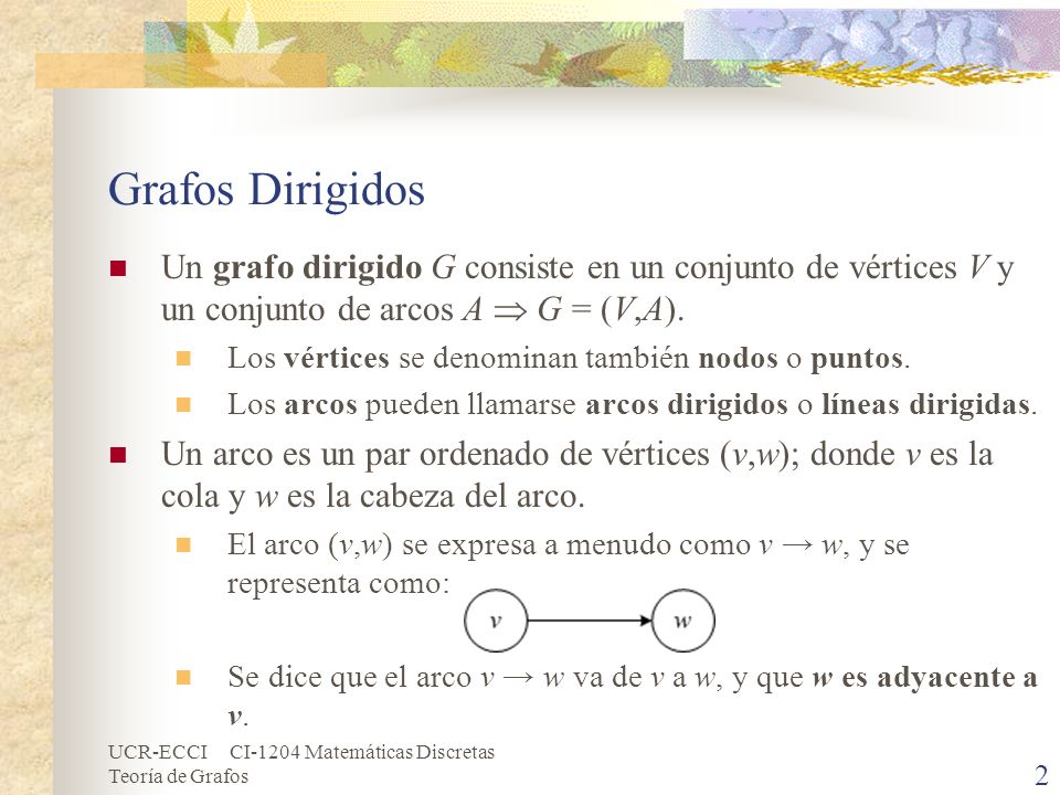 Grafos Dirigidos Un grafo dirigido G consiste en un conjunto de vértices V y un conjunto de arcos A  G = (V,A).