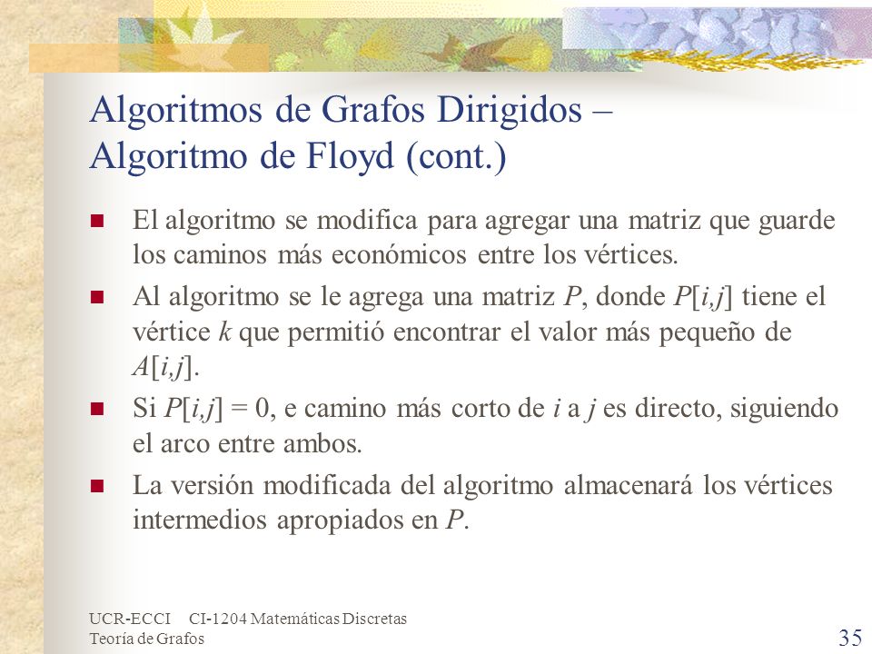 Algoritmos de Grafos Dirigidos – Algoritmo de Floyd (cont.)