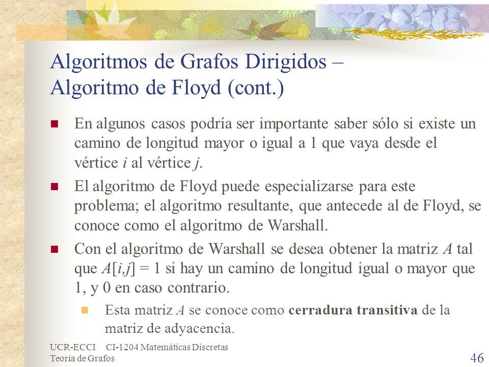 Algoritmos de Grafos Dirigidos – Algoritmo de Floyd (cont.)