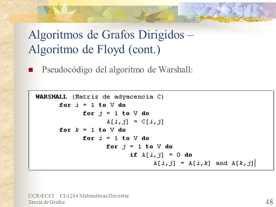 Algoritmos de Grafos Dirigidos – Algoritmo de Floyd (cont.)