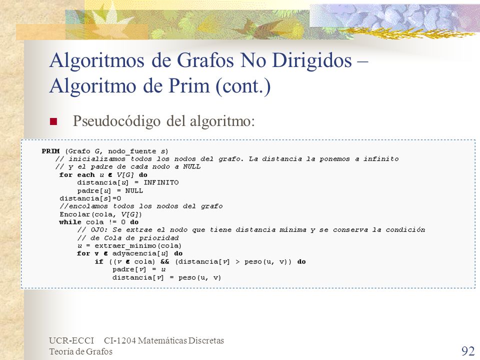 Algoritmos de Grafos No Dirigidos – Algoritmo de Prim (cont.)