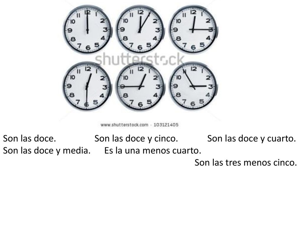 Son las doce. Son las doce y cinco. Son las doce y cuarto.