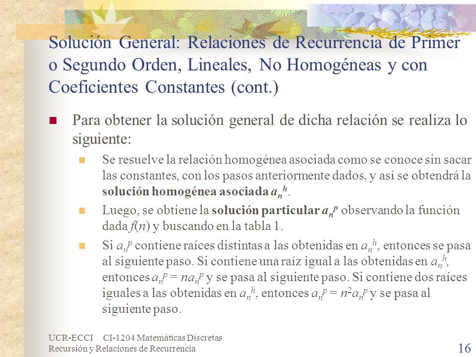 Solución General: Relaciones de Recurrencia de Primer o Segundo Orden, Lineales, No Homogéneas y con Coeficientes Constantes (cont.)