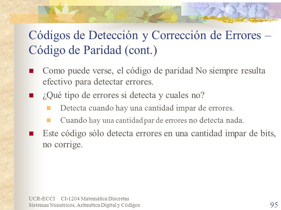 Códigos de Detección y Corrección de Errores – Código de Paridad (cont
