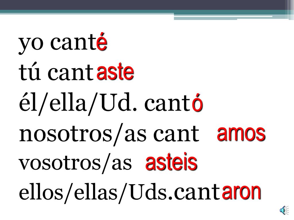 yo cant tú cant él/ella/Ud. cant nosotros/as cant é aste ó amos asteis