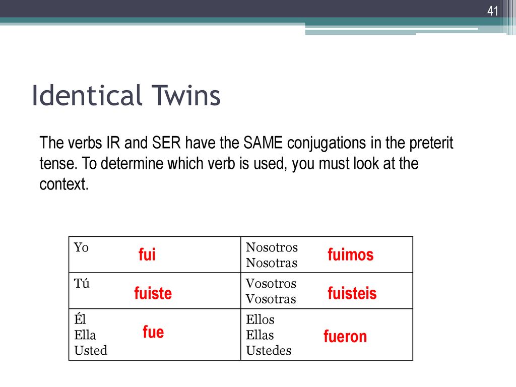 Identical Twins The verbs IR and SER have the SAME conjugations in the preterit tense. To determine which verb is used, you must look at the context.