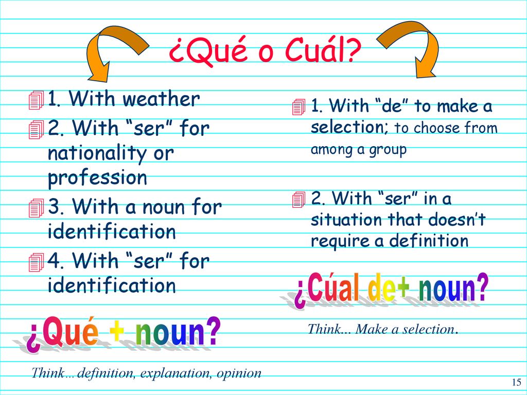 ¿Qué o Cuál ¿Cúal de+ noun ¿Qué + noun 1. With weather