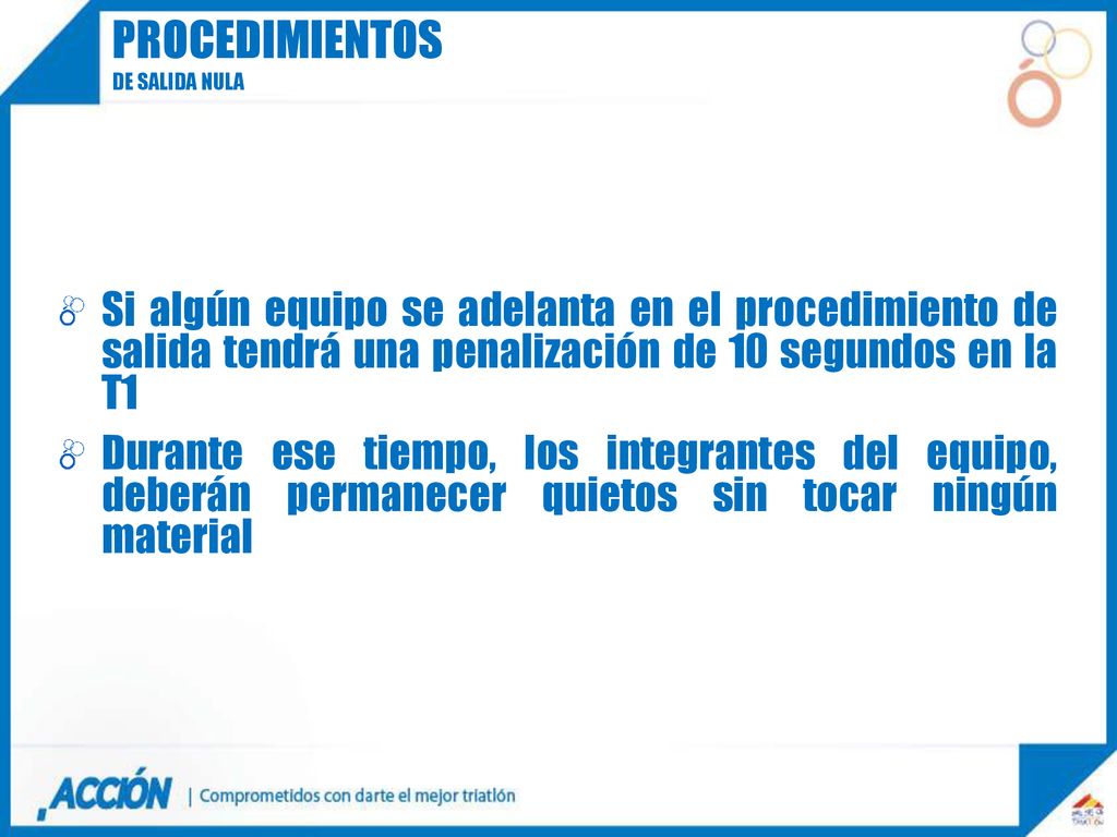 procedimientos De salida nula. Si algún equipo se adelanta en el procedimiento de salida tendrá una penalización de 10 segundos en la T1.