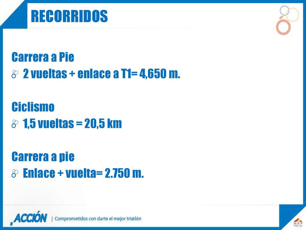 recorridos Carrera a Pie 2 vueltas + enlace a T1= 4,650 m. Ciclismo