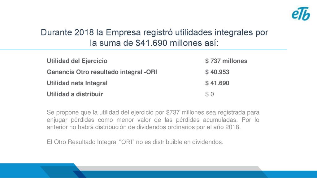 Durante 2018 la Empresa registró utilidades integrales por la suma de $ millones así: