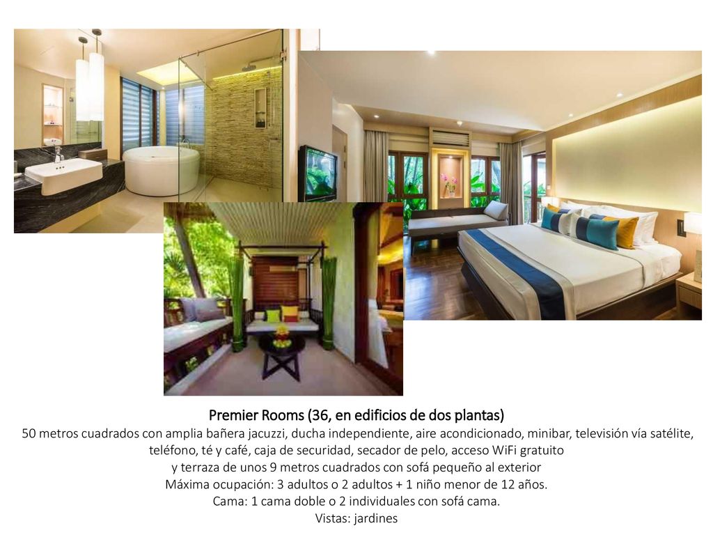 Premier Rooms (36, en edificios de dos plantas) 50 metros cuadrados con amplia bañera jacuzzi, ducha independiente, aire acondicionado, minibar, televisión vía satélite, teléfono, té y café, caja de securidad, secador de pelo, acceso WiFi gratuito y terraza de unos 9 metros cuadrados con sofá pequeño al exterior Máxima ocupación: 3 adultos o 2 adultos + 1 niño menor de 12 años.