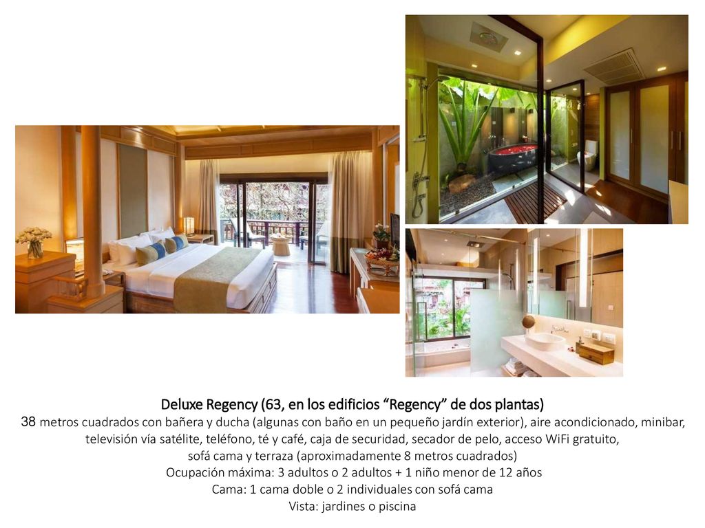 Deluxe Regency (63, en los edificios Regency de dos plantas) 38 metros cuadrados con bañera y ducha (algunas con baño en un pequeño jardín exterior), aire acondicionado, minibar, televisión vía satélite, teléfono, té y café, caja de securidad, secador de pelo, acceso WiFi gratuito, sofá cama y terraza (aproximadamente 8 metros cuadrados) Ocupación máxima: 3 adultos o 2 adultos + 1 niño menor de 12 años Cama: 1 cama doble o 2 individuales con sofá cama Vista: jardines o piscina