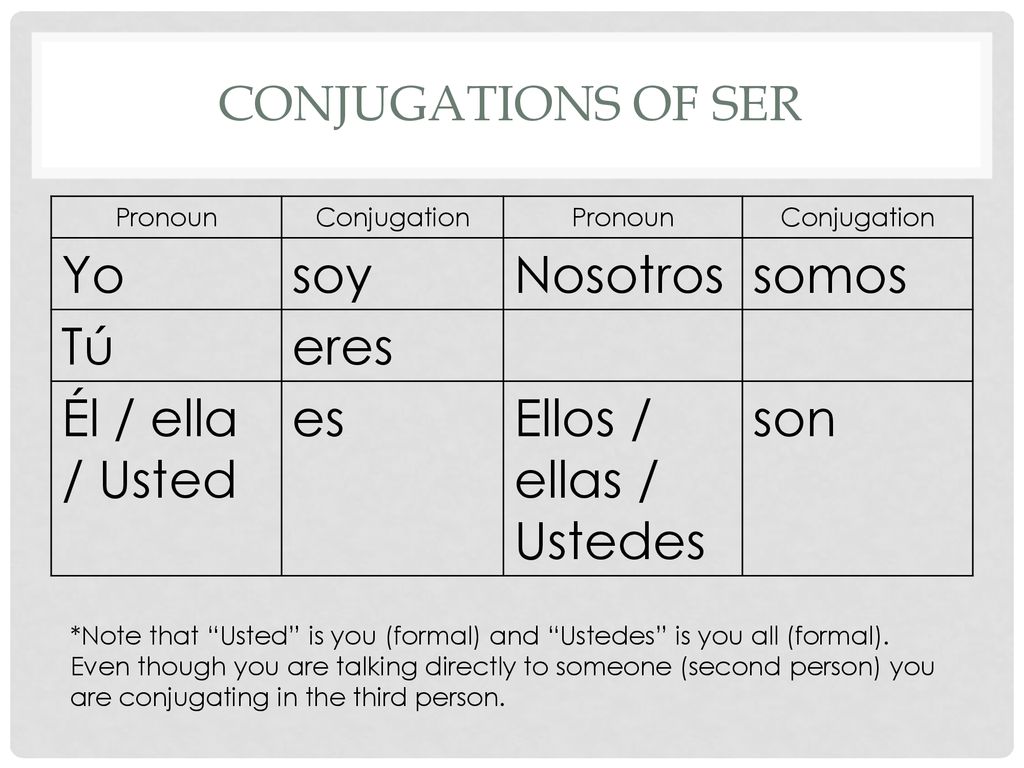 Yo soy Nosotros somos Tú eres Él / ella / Usted es