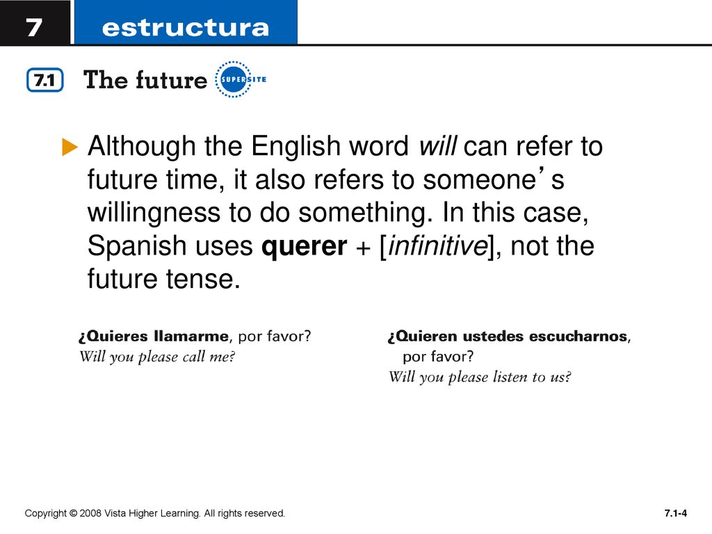 Although the English word will can refer to future time, it also refers to someone’s willingness to do something. In this case, Spanish uses querer + [infinitive], not the future tense.
