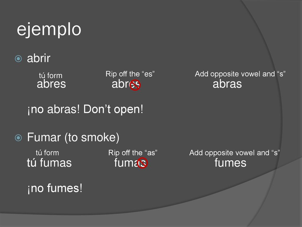 ejemplo   abrir abres abres abras ¡no abras! Don’t open!