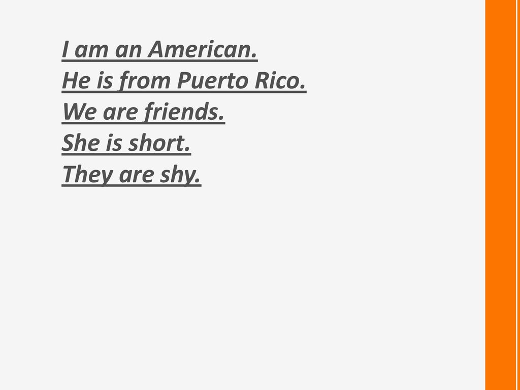 I am an American. He is from Puerto Rico. We are friends. She is short. They are shy.