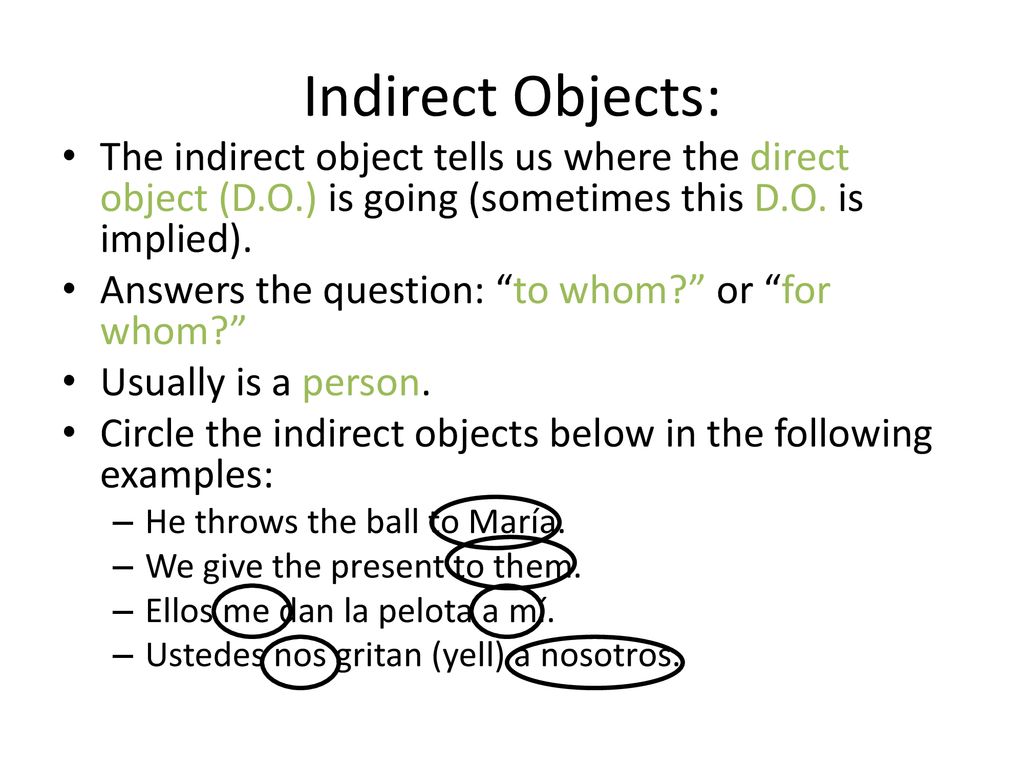 Indirect Objects: The indirect object tells us where the direct object (D.O.) is going (sometimes this D.O. is implied).