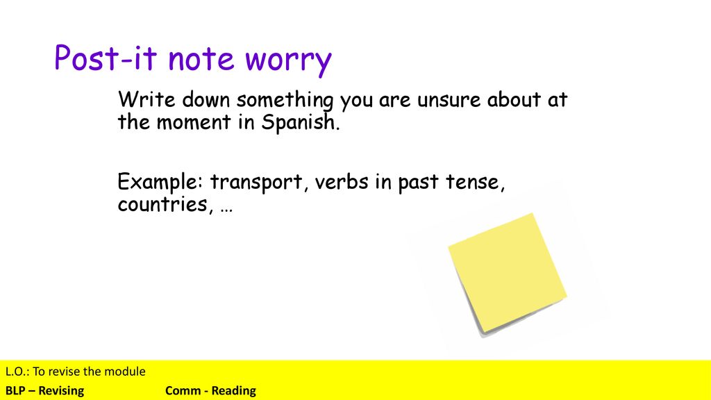 Post-it note worry Write down something you are unsure about at the moment in Spanish. Example: transport, verbs in past tense, countries, …