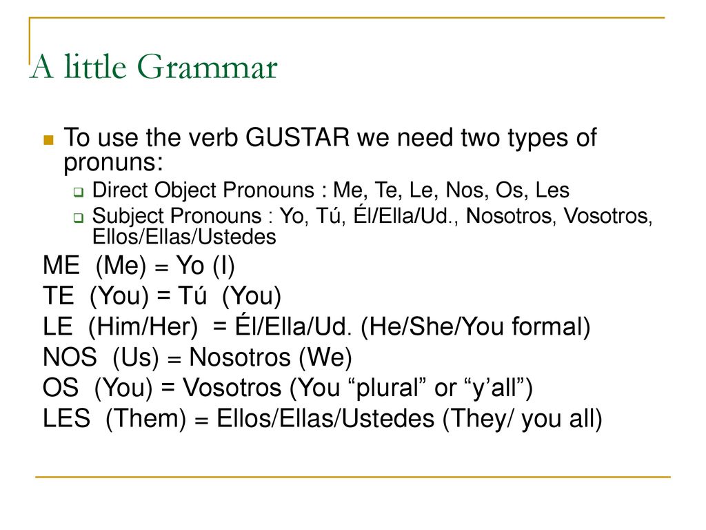 A little Grammar To use the verb GUSTAR we need two types of pronuns: