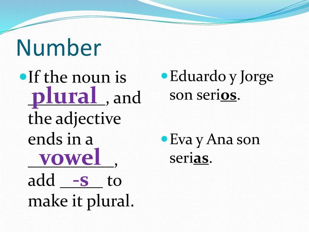 Number If the noun is _________, and the adjective ends in a __________, add _____ to make it plural.