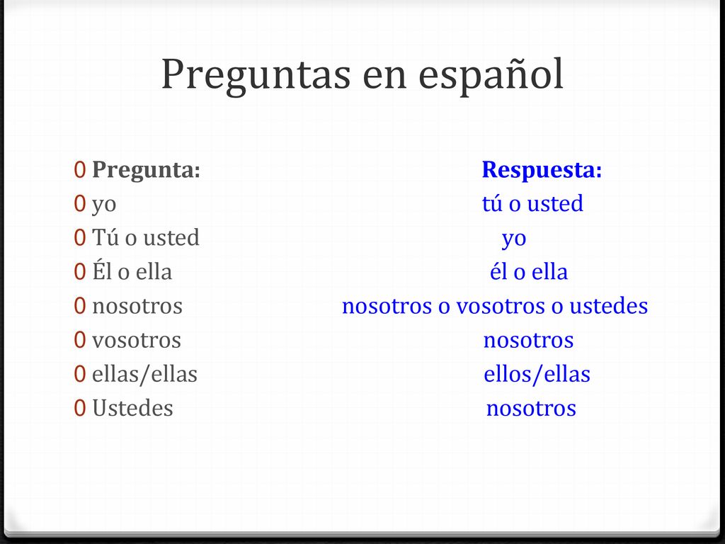 Preguntas en español Pregunta: Respuesta: yo tú o usted Tú o usted yo