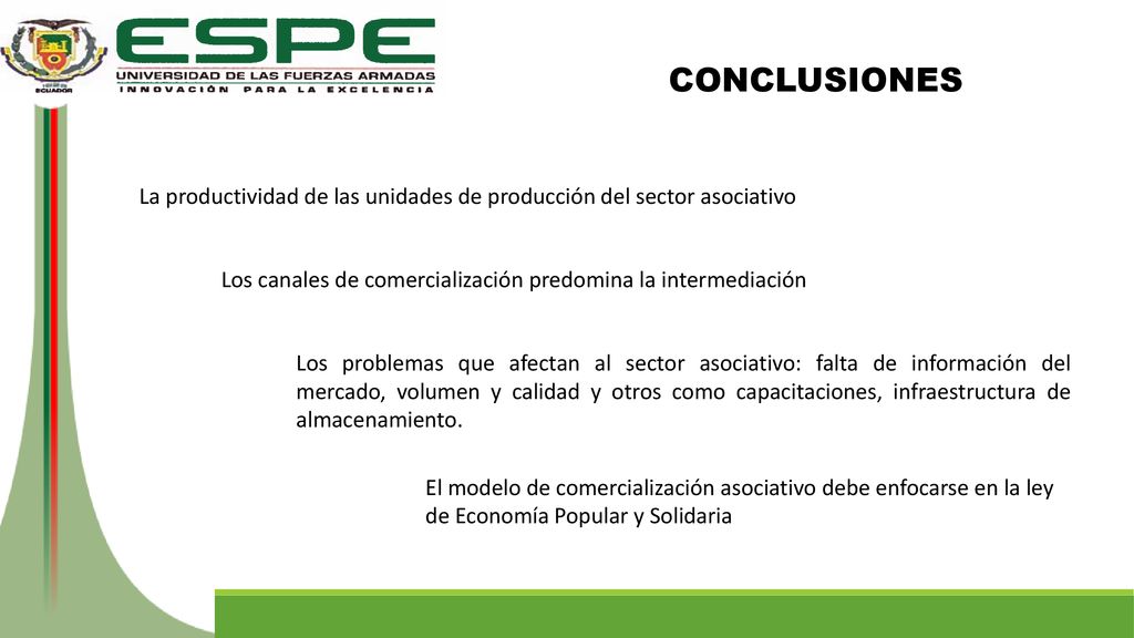 CONCLUSIONES La productividad de las unidades de producción del sector asociativo. Los canales de comercialización predomina la intermediación.