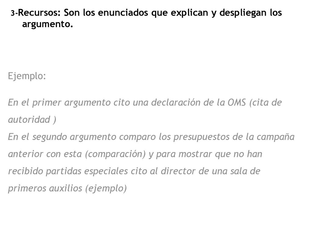 3-Recursos: Son los enunciados que explican y despliegan los argumento.