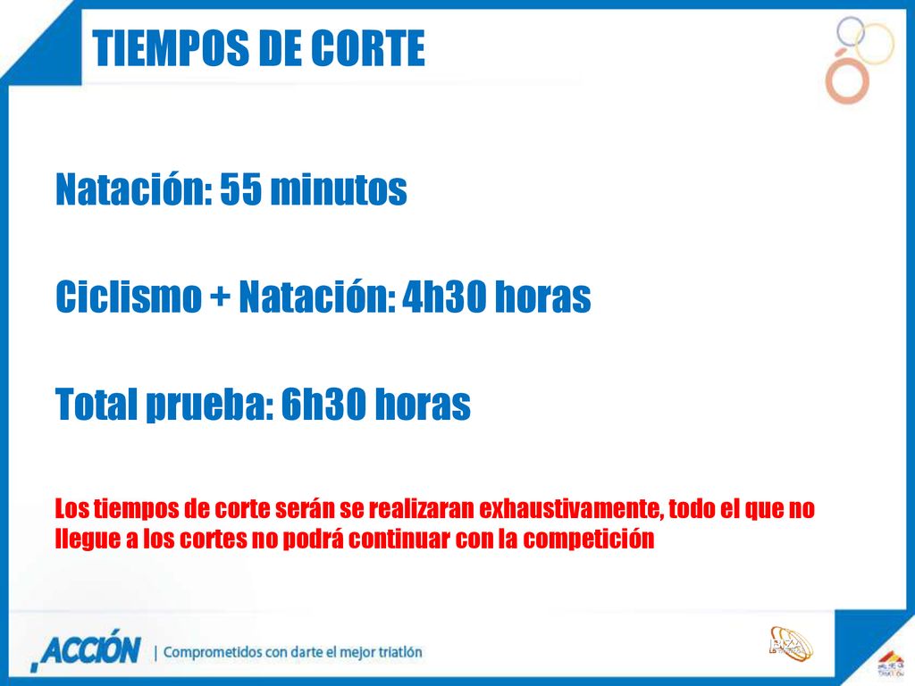 Tiempos de corte Natación: 55 minutos Ciclismo + Natación: 4h30 horas