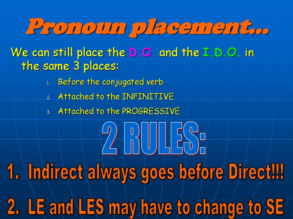 Pronoun placement… 2 RULES: 1. Indirect always goes before Direct!!!