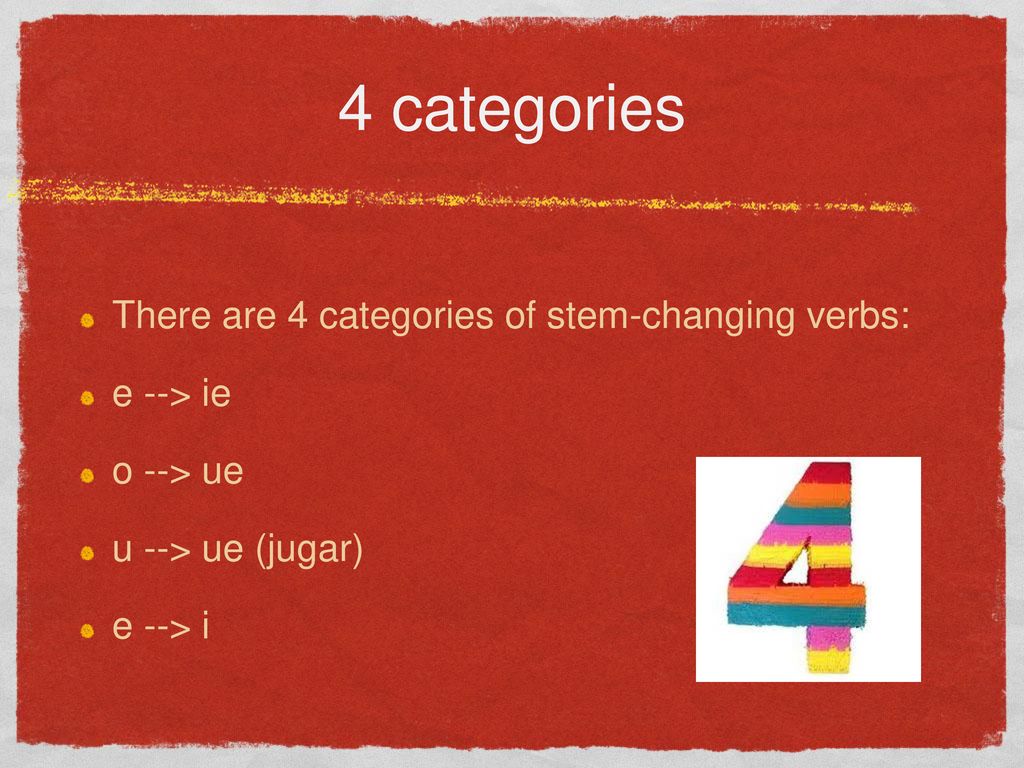 4 categories There are 4 categories of stem-changing verbs: