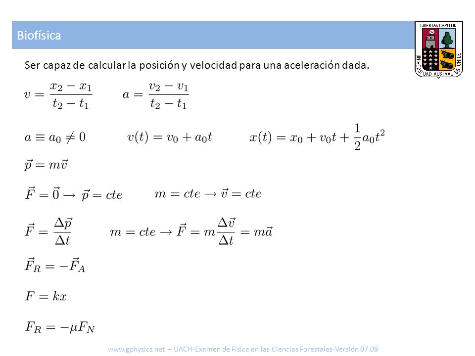 Biofísica Ser capaz de calcular la posición y velocidad para una aceleración dada.