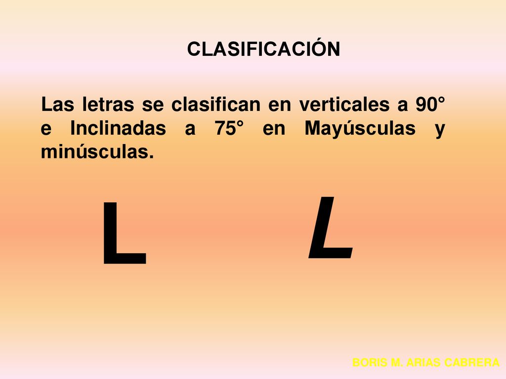 CLASIFICACIÓN Las letras se clasifican en verticales a 90° e Inclinadas a 75° en Mayúsculas y minúsculas.