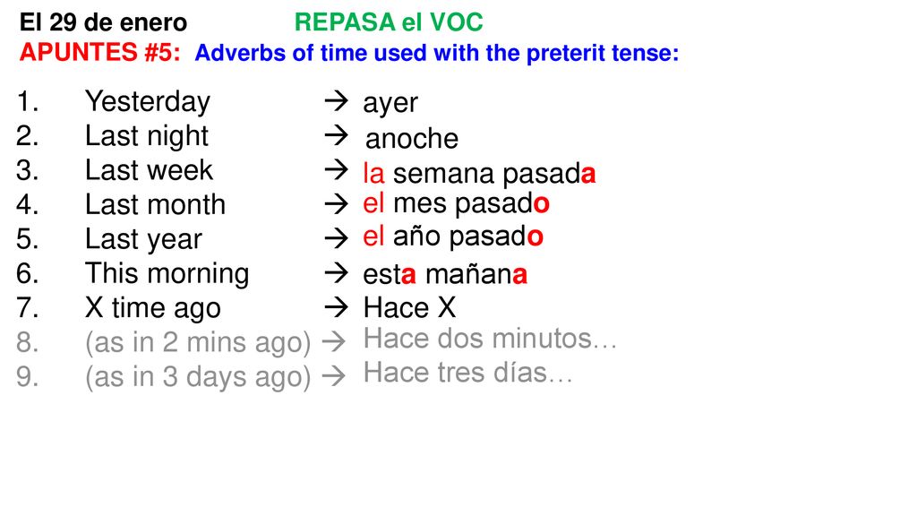 Yesterday  ayer Last night  Last week  anoche Last month 
