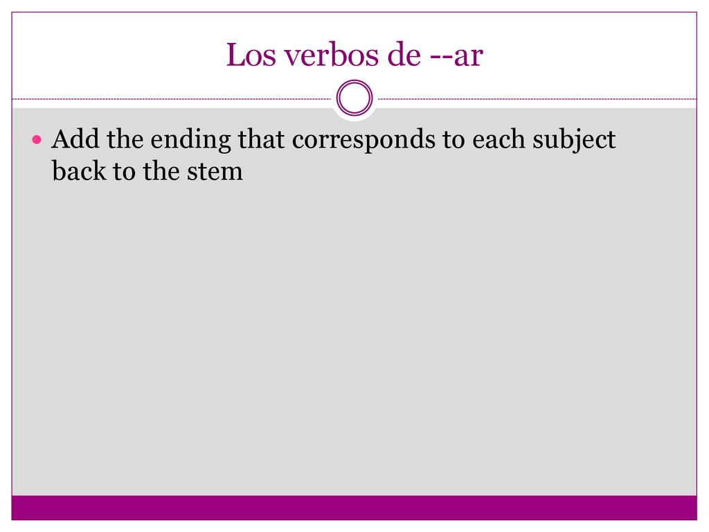 Los verbos de --ar Add the ending that corresponds to each subject back to the stem