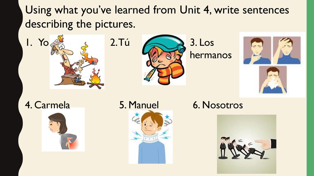 Using what you’ve learned from Unit 4, write sentences describing the pictures.