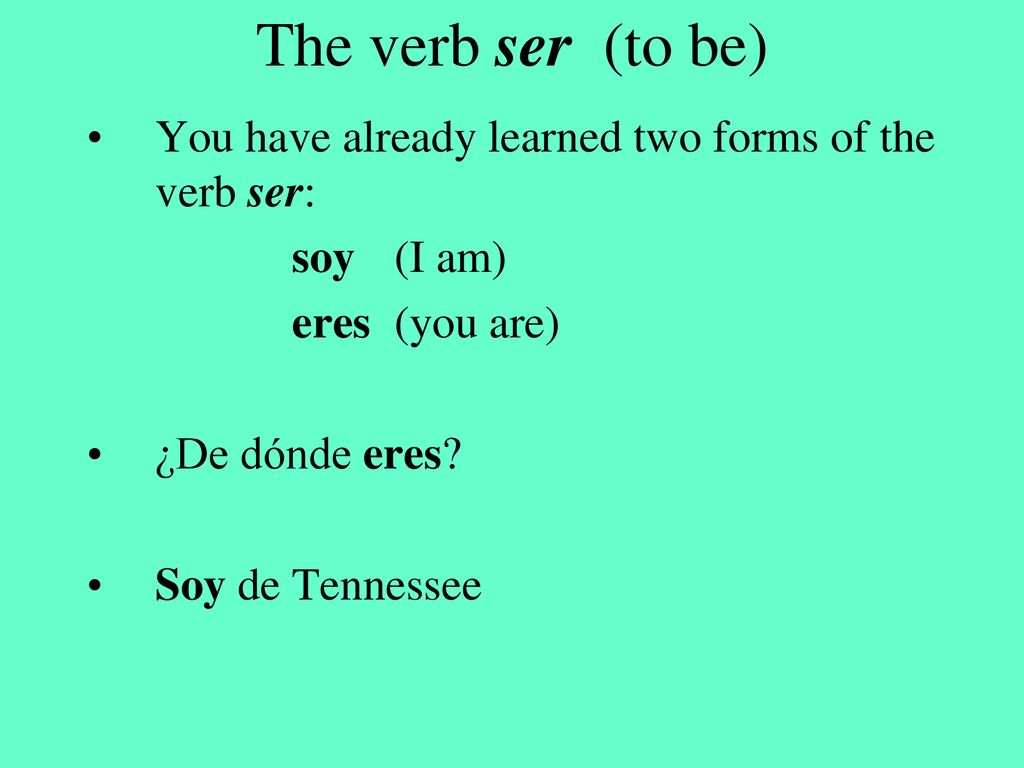 The verb ser (to be) You have already learned two forms of the verb ser: soy (I am) eres (you are)