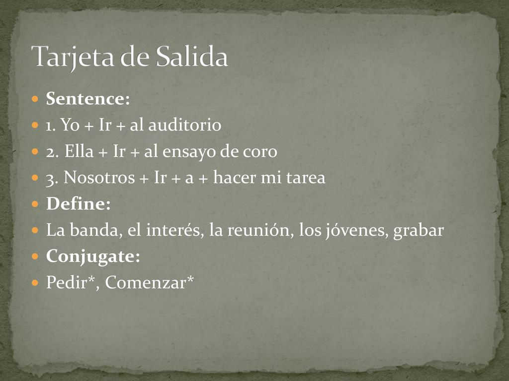Tarjeta de Salida Sentence: 1. Yo + Ir + al auditorio