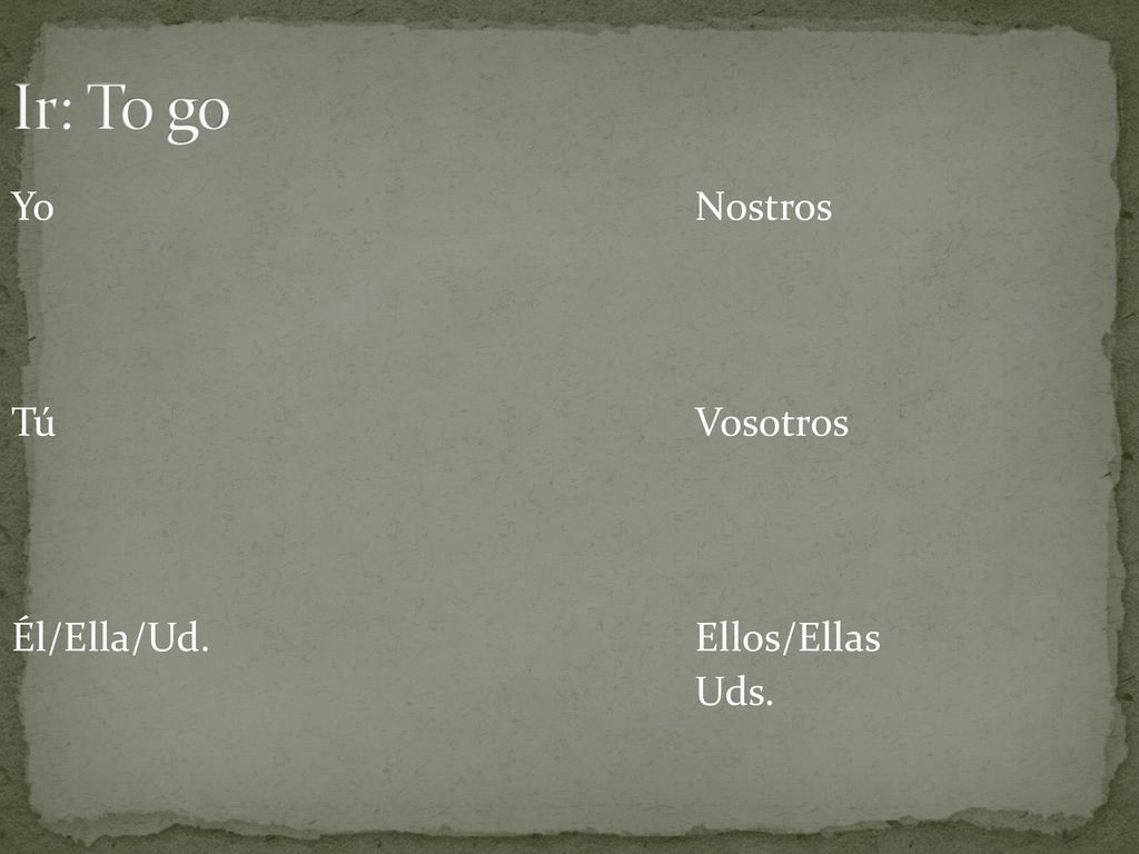 Ir: To go Yo Nostros Tú Vosotros Él/Ella/Ud. Ellos/Ellas Uds.