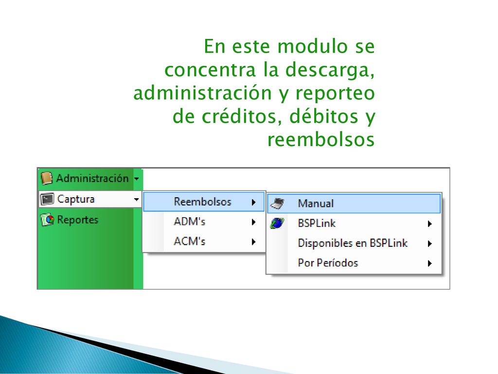 En este modulo se concentra la descarga, administración y reporteo de créditos, débitos y reembolsos