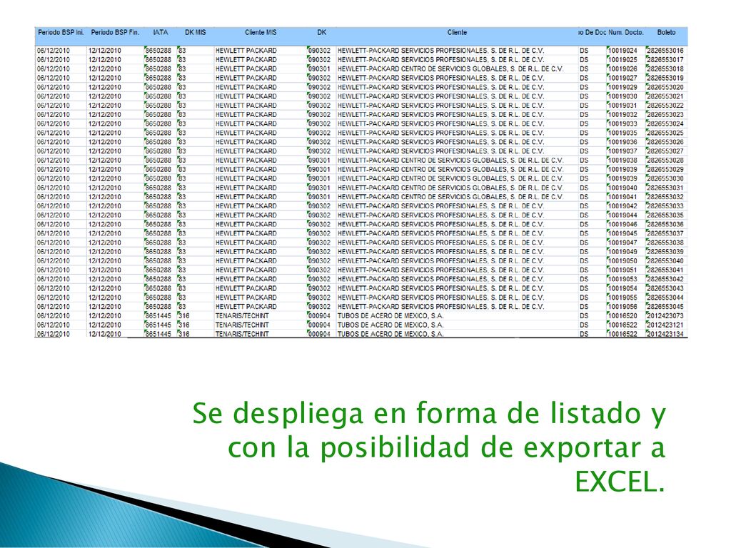 Se despliega en forma de listado y con la posibilidad de exportar a EXCEL.